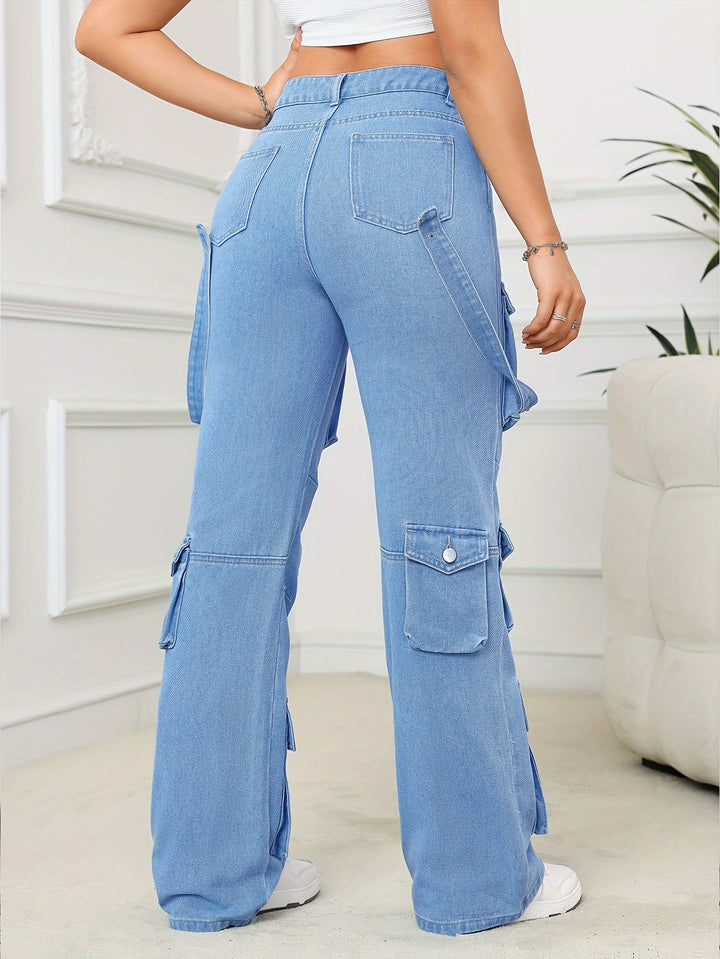 Women's Casual Plain Street Style Multi-Pocket Non-Stretch Denim Cargo Pants Hip Hop Straight Leg Jeans