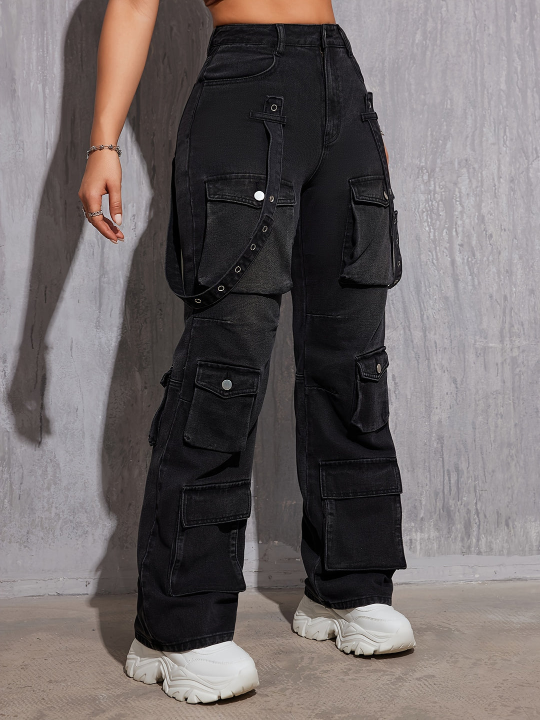Women's Casual Plain Street Style Multi-Pocket Non-Stretch Denim Cargo Pants Hip Hop Straight Leg Jeans