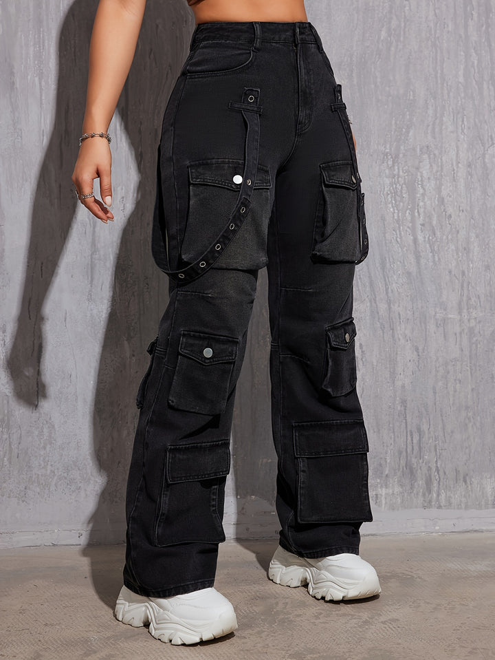 Women's Casual Plain Street Style Multi-Pocket Non-Stretch Denim Cargo Pants Hip Hop Straight Leg Jeans