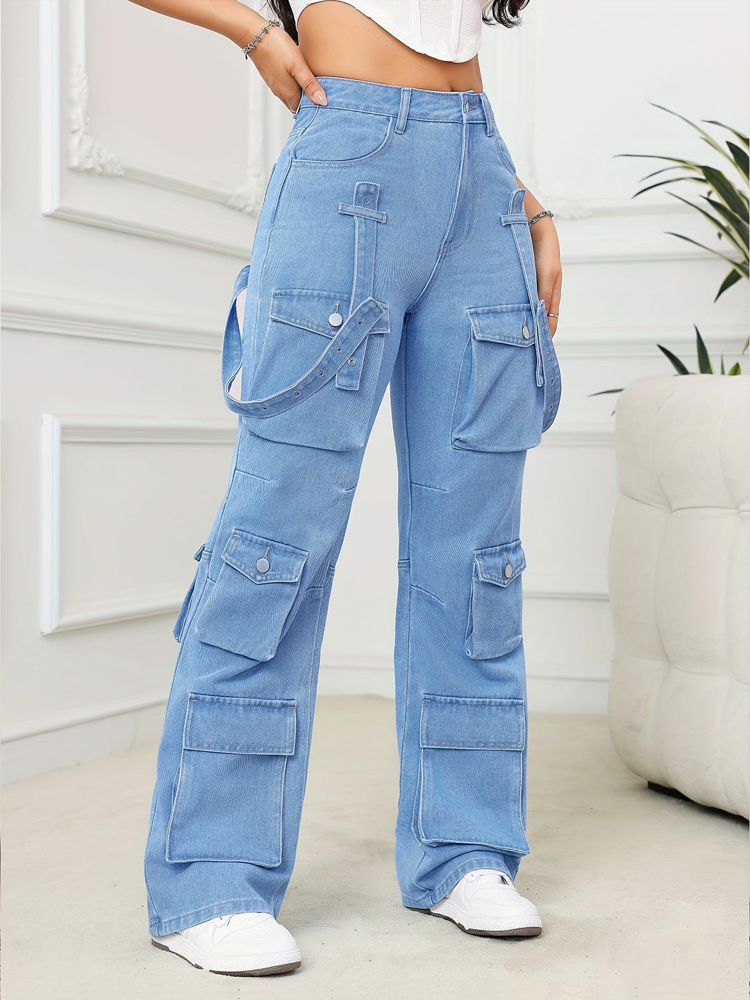Women's Casual Plain Street Style Multi-Pocket Non-Stretch Denim Cargo Pants Hip Hop Straight Leg Jeans