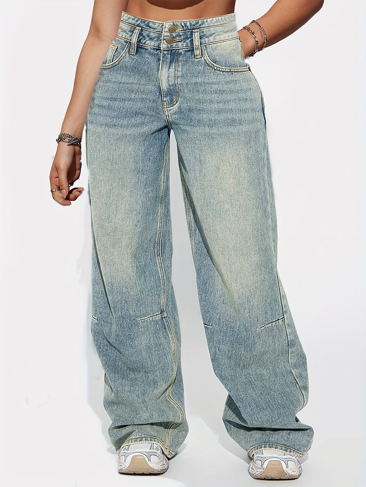 Women's High-Waisted Wide Leg Jeans, Retro Button-Up Design, Casual Loose-Fit Denim Pants, Vintage Style Streetwear