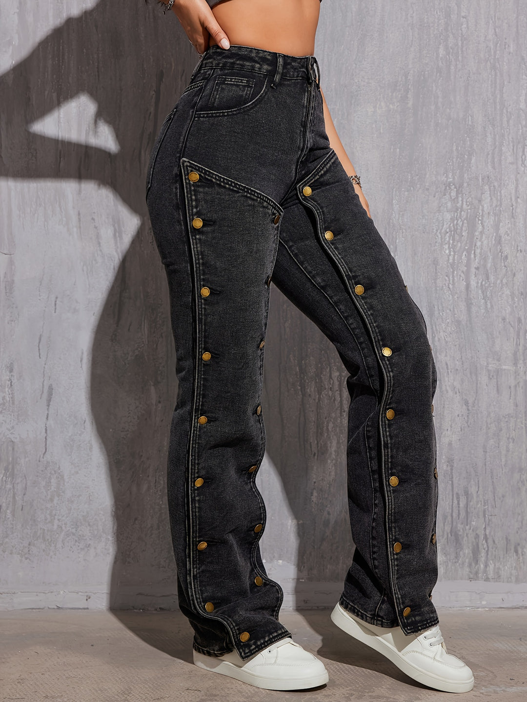 Women's High-Waist Street Style Jeans, Non-Stretch Hip Hop Removable Multi-Button Straight Cargo Denim Pants, Denim Work Pants With Pockets