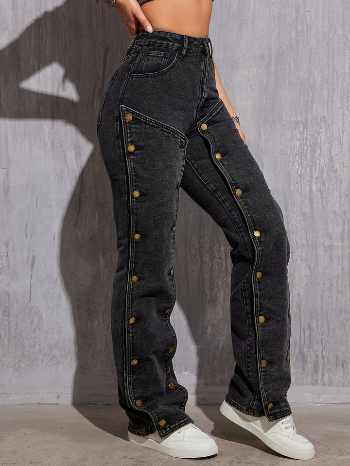 Women's High-Waist Street Style Jeans, Non-Stretch Hip Hop Removable Multi-Button Straight Cargo Denim Pants, Denim Work Pants With Pockets