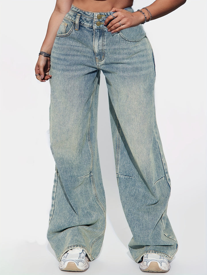 Women's High-Waisted Wide Leg Jeans, Retro Button-Up Design, Casual Loose-Fit Denim Pants, Vintage Style Streetwear