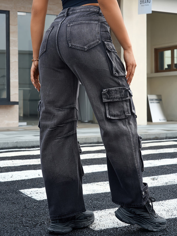 Women's Street Style Ombre Washed Black Color Multi-Pocket Cargo Wide-Leg Denim Pants Jeans