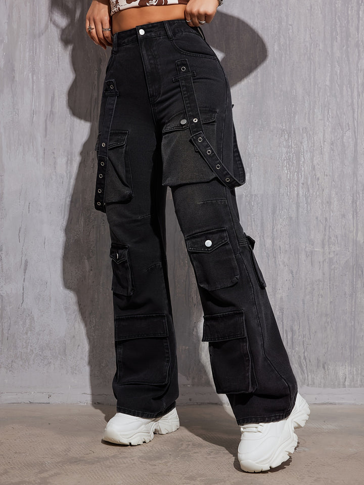 Women's Casual Plain Street Style Multi-Pocket Non-Stretch Denim Cargo Pants Hip Hop Straight Leg Jeans