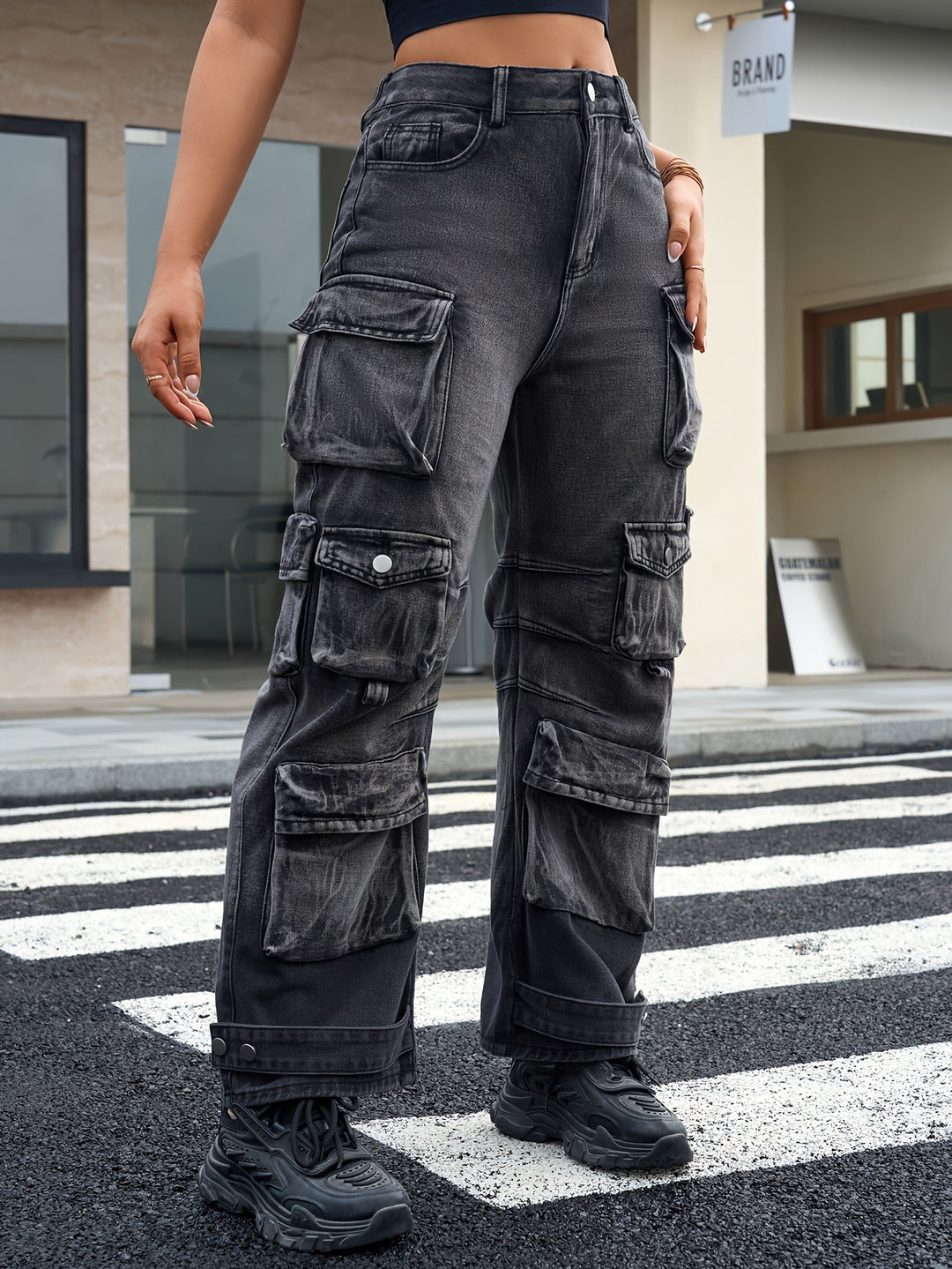 Women's Street Style Ombre Washed Black Color Multi-Pocket Cargo Wide-Leg Denim Pants Jeans