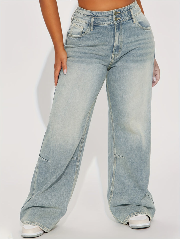 Women's High-Waisted Wide Leg Jeans, Retro Button-Up Design, Casual Loose-Fit Denim Pants, Vintage Style Streetwear