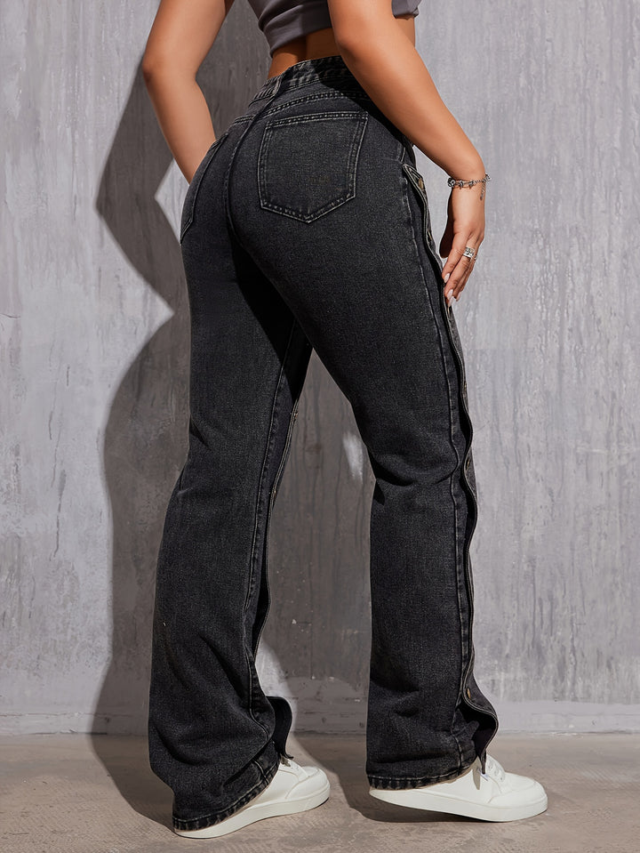 Women's High-Waist Street Style Jeans, Non-Stretch Hip Hop Removable Multi-Button Straight Cargo Denim Pants, Denim Work Pants With Pockets