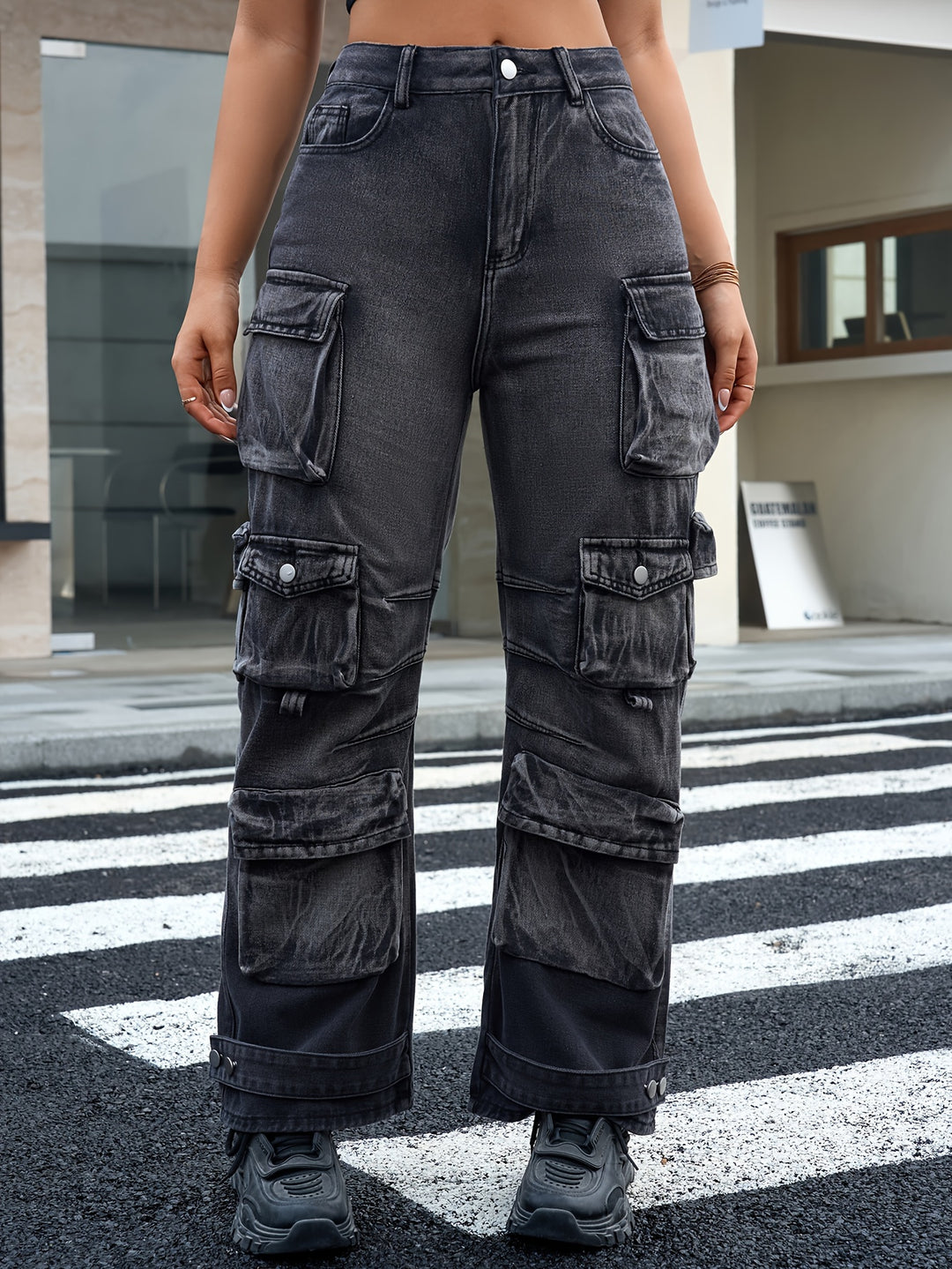 Women's Street Style Ombre Washed Black Color Multi-Pocket Cargo Wide-Leg Denim Pants Jeans
