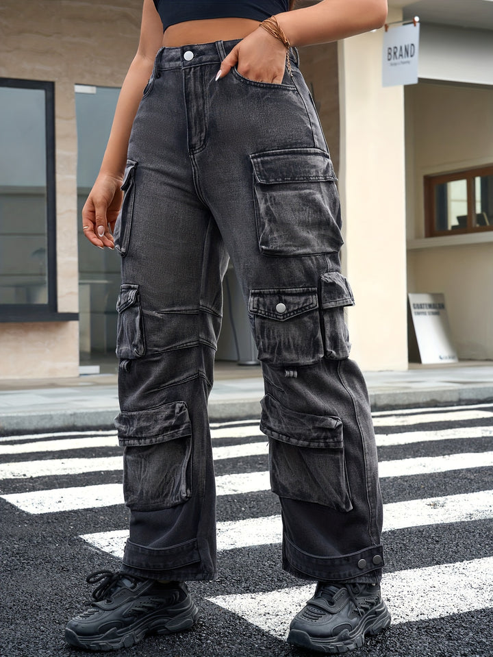 Women's Street Style Ombre Washed Black Color Multi-Pocket Cargo Wide-Leg Denim Pants Jeans