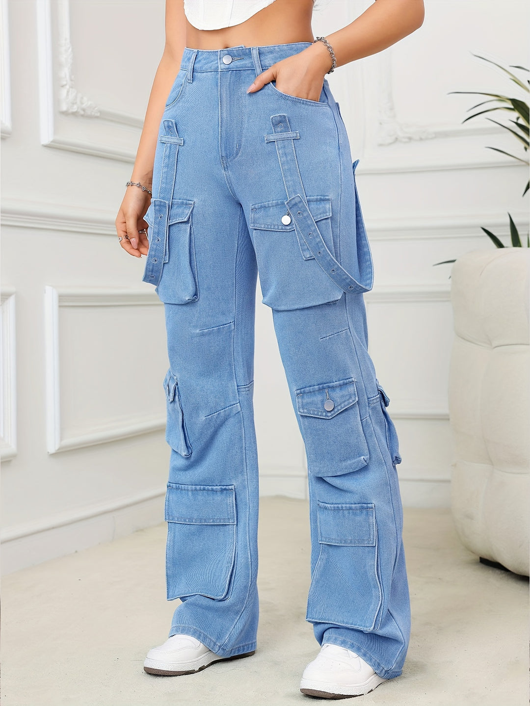 Women's Casual Plain Street Style Multi-Pocket Non-Stretch Denim Cargo Pants Hip Hop Straight Leg Jeans