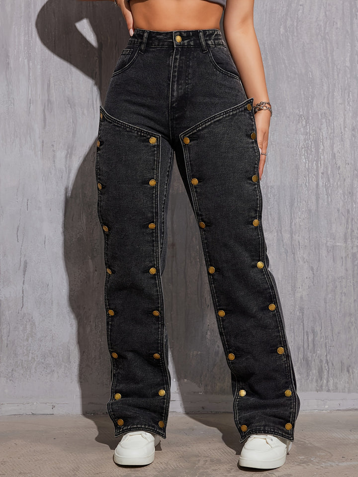 Women's High-Waist Street Style Jeans, Non-Stretch Hip Hop Removable Multi-Button Straight Cargo Denim Pants, Denim Work Pants With Pockets