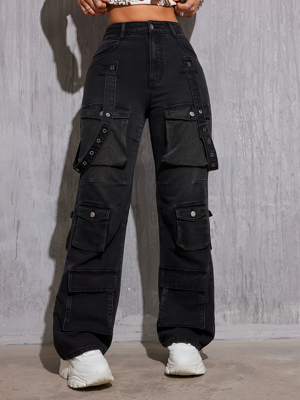 Women's Casual Plain Street Style Multi-Pocket Non-Stretch Denim Cargo Pants Hip Hop Straight Leg Jeans - Street Wear United
