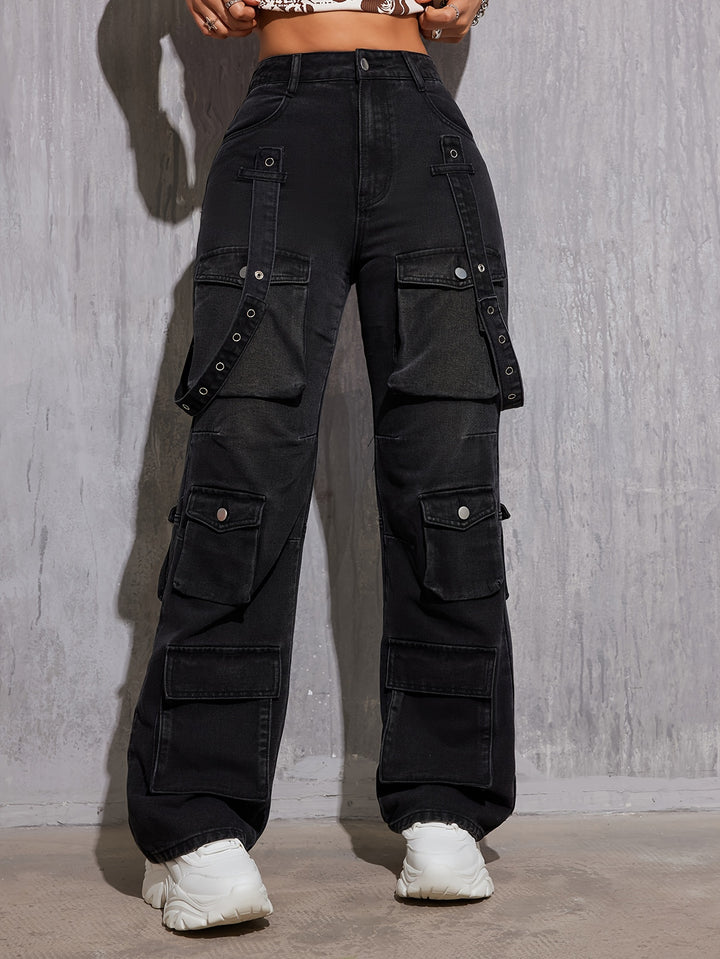 Women's Casual Plain Street Style Multi-Pocket Non-Stretch Denim Cargo Pants Hip Hop Straight Leg Jeans