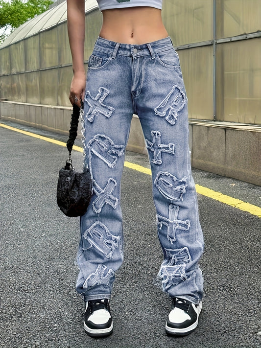 Buchstaben-Jeans für Damen im Regular Fit - Street Wear United