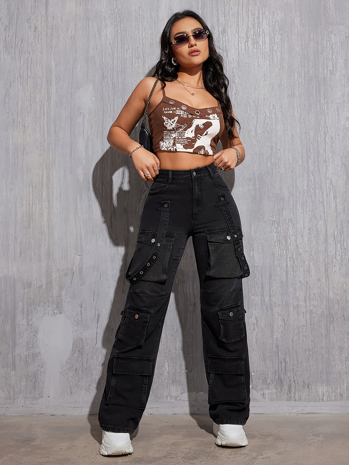 Women's Casual Plain Street Style Multi-Pocket Non-Stretch Denim Cargo Pants Hip Hop Straight Leg Jeans