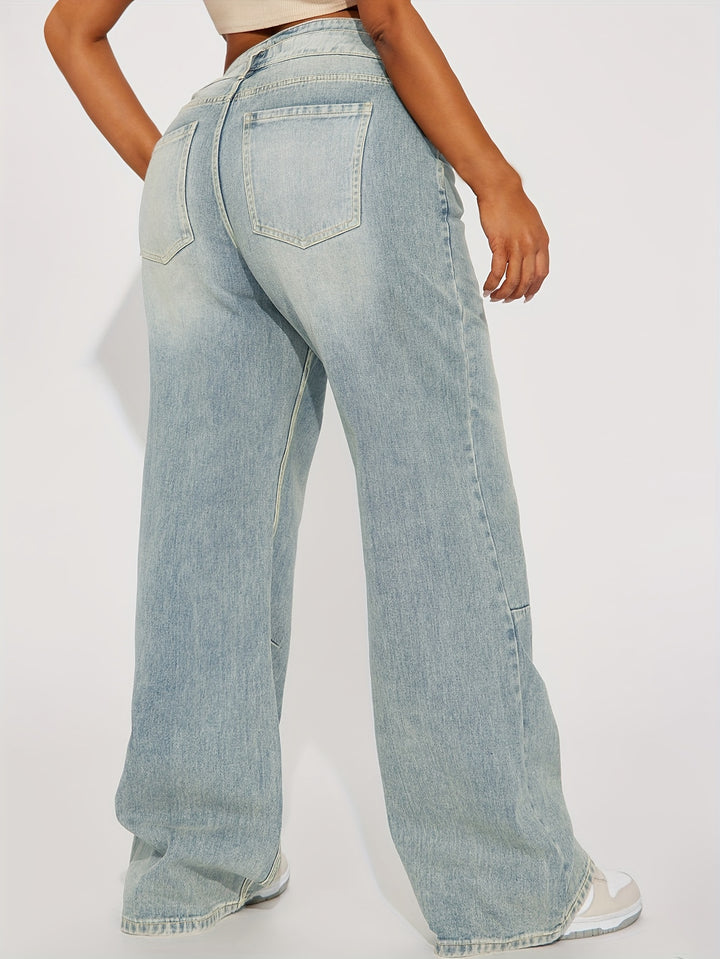 Women's High-Waisted Wide Leg Jeans, Retro Button-Up Design, Casual Loose-Fit Denim Pants, Vintage Style Streetwear