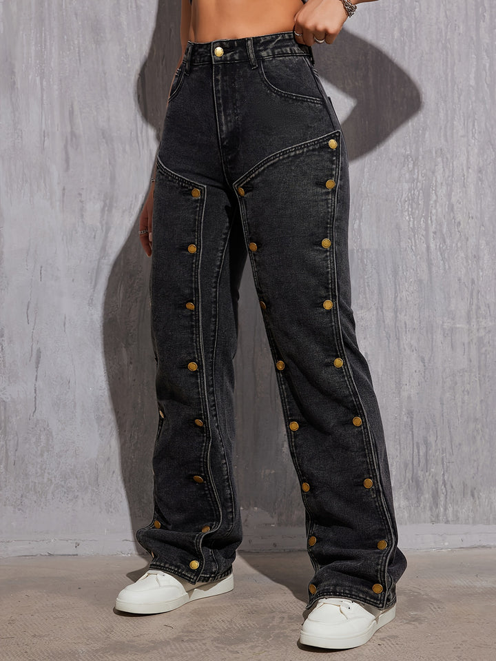 Women's High-Waist Street Style Jeans, Non-Stretch Hip Hop Removable Multi-Button Straight Cargo Denim Pants, Denim Work Pants With Pockets