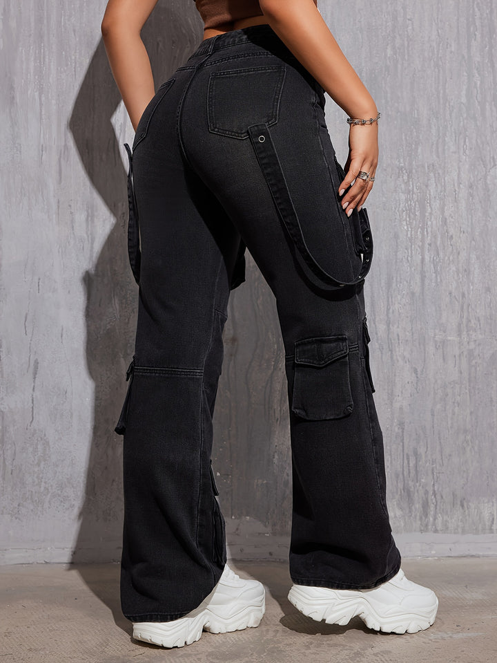 Women's Casual Plain Street Style Multi-Pocket Non-Stretch Denim Cargo Pants Hip Hop Straight Leg Jeans