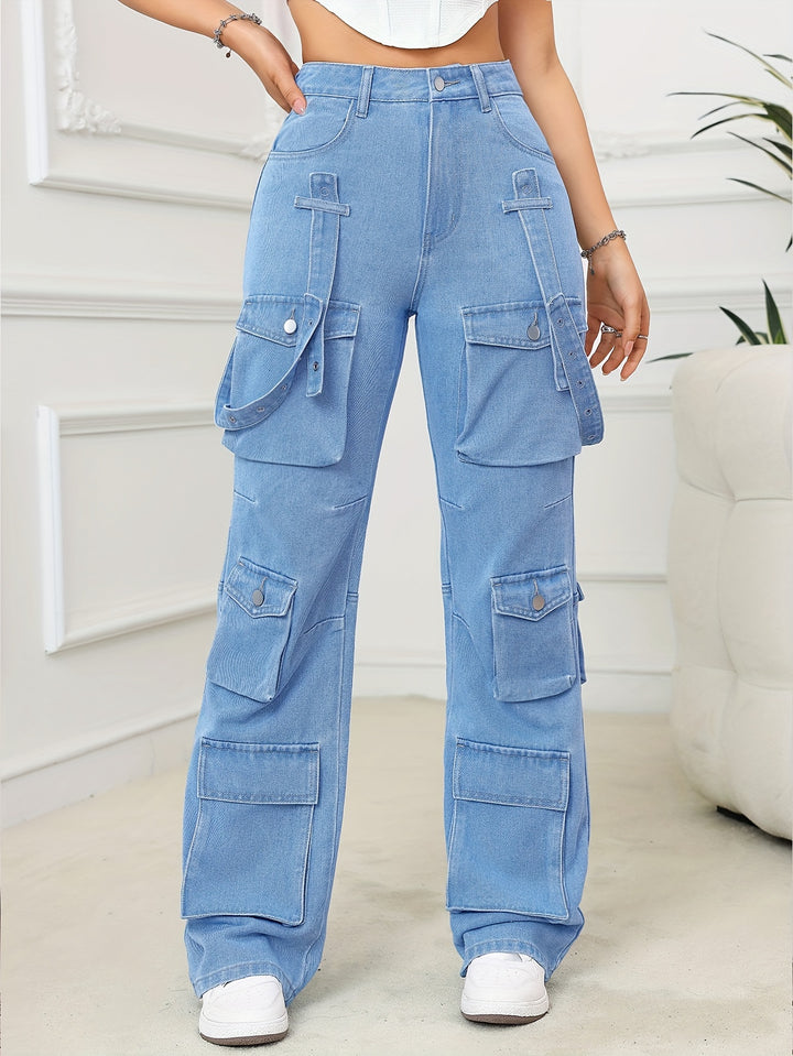 Women's Casual Plain Street Style Multi-Pocket Non-Stretch Denim Cargo Pants Hip Hop Straight Leg Jeans