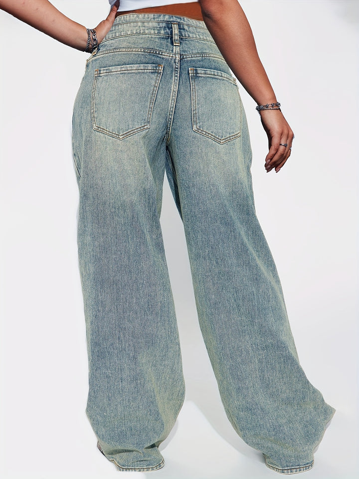 Women's High-Waisted Wide Leg Jeans, Retro Button-Up Design, Casual Loose-Fit Denim Pants, Vintage Style Streetwear