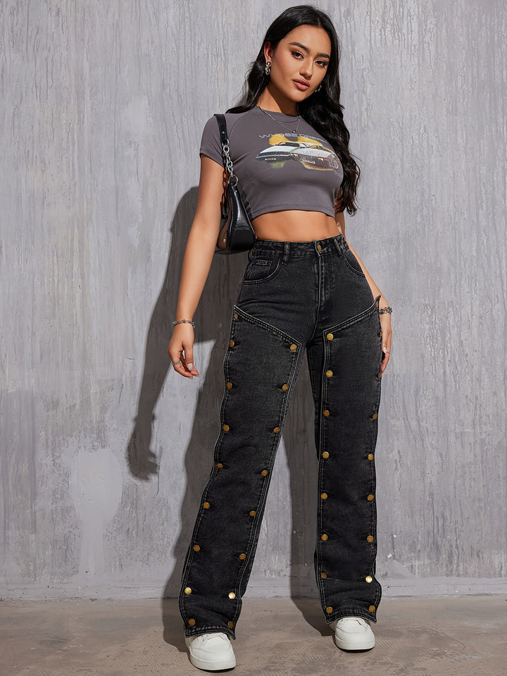 Women's High-Waist Street Style Jeans, Non-Stretch Hip Hop Removable Multi-Button Straight Cargo Denim Pants, Denim Work Pants With Pockets