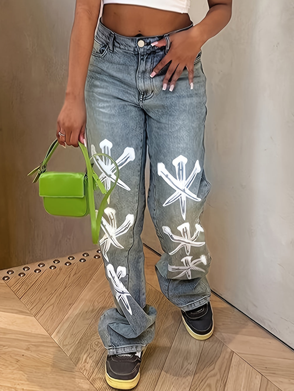 Bedruckte Ausgebleichte Jeans - Street Wear United